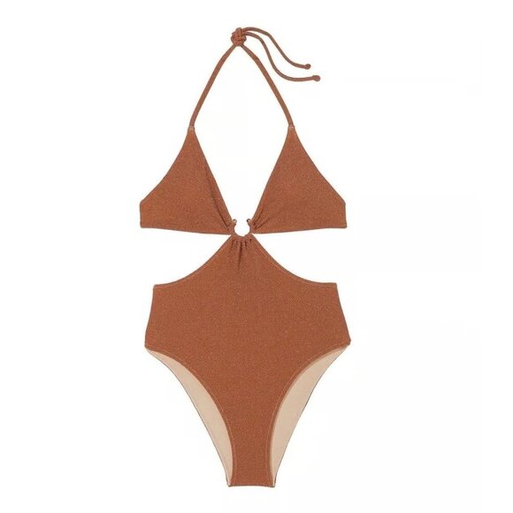 New! Victoria’s Secret Tan Shimmer Halter Cutout One Piece Swimsuit 3536 - Picture 1 of 8